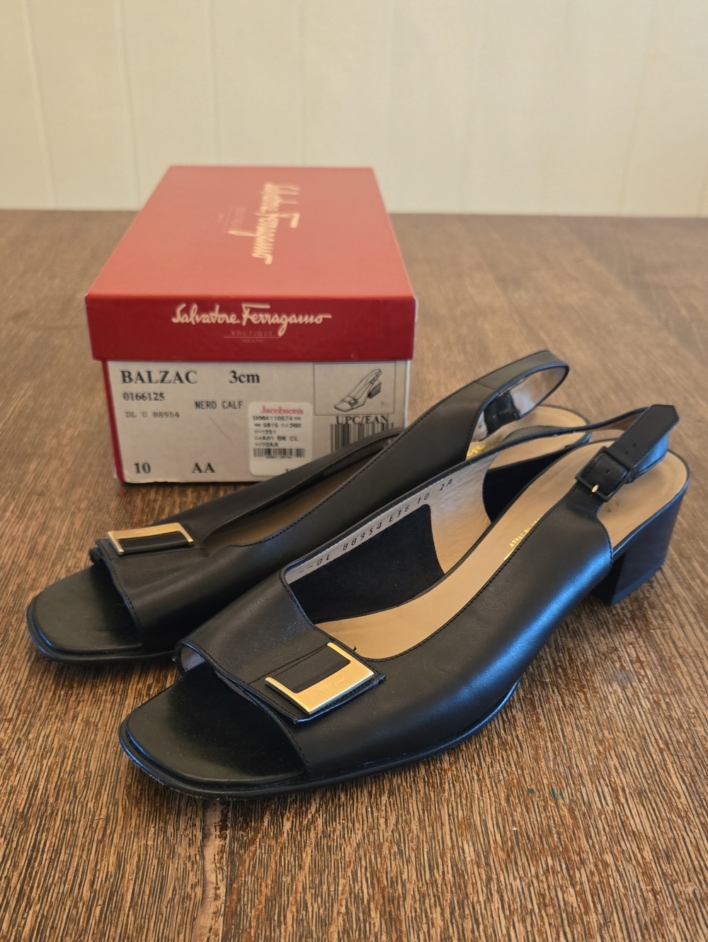 Salvatore Ferragamo Boutique, Balzac Slingback Shoes, Black Nero Calf, Size 10AA